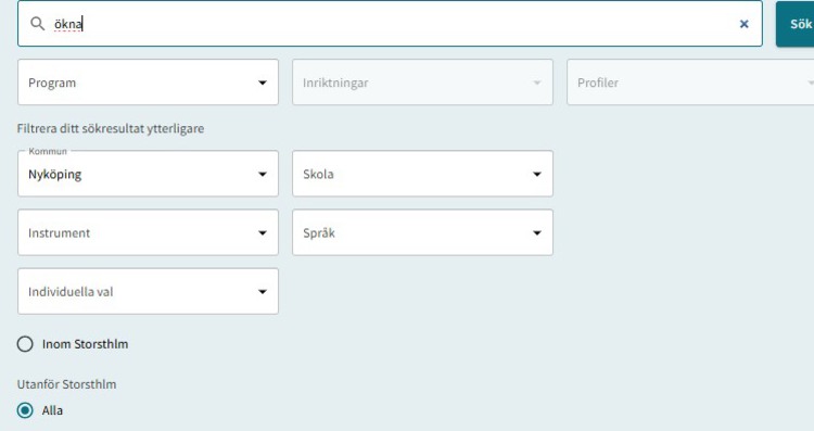 Skärmbild från antagningswebben i storsthlm