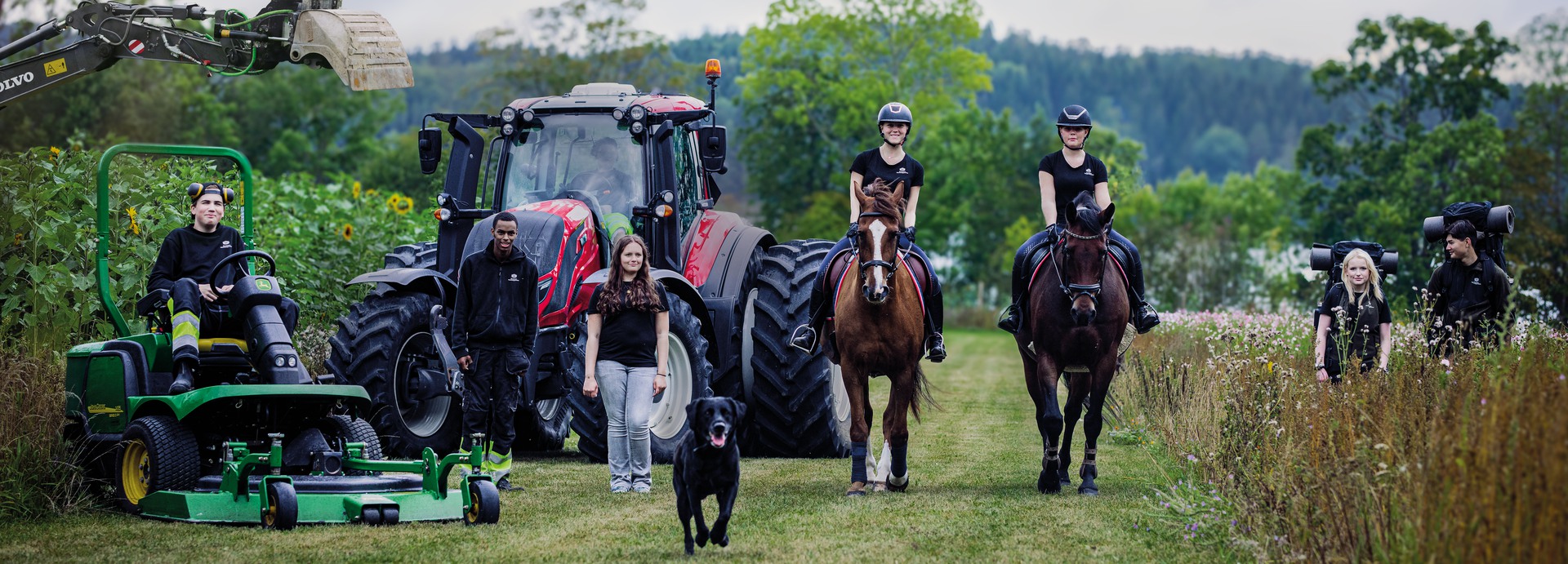 Fordon, elever, hästar och hund tittar in mot kameran.