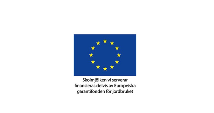 EU-logotype med texten - Skolmjölken vi serverar finansieras ddelvis av Euopeiska garantifonden för jordbruket